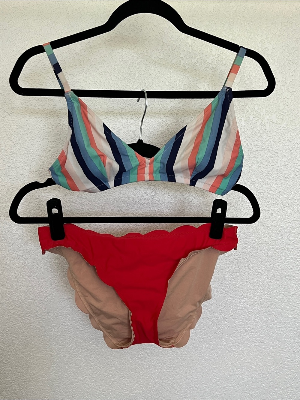 J. Crew Striped Bikini Top and Red Scallop Bottoms
